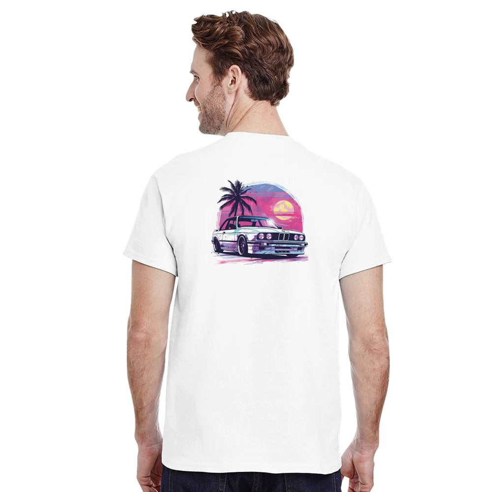 weißes bmw e30 m3 herren t-shirt mit schwerer baumwolle und klassischem motorsport-design, bedruckt mit auto und palmen-motiv