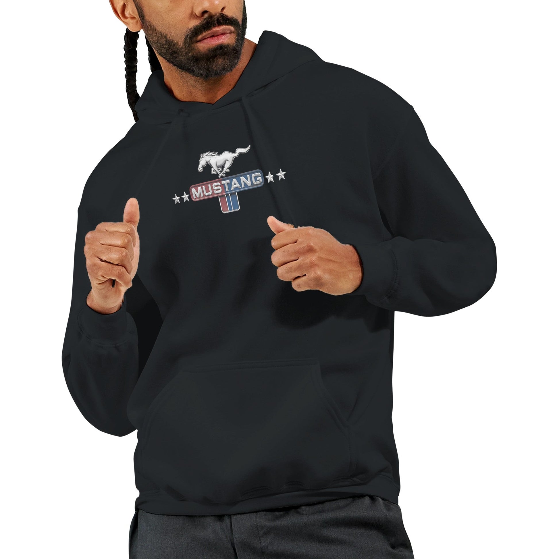 Stylish black unisex hoodie with Mustang car logo for car lovers, comfortable fit and soft fabric.