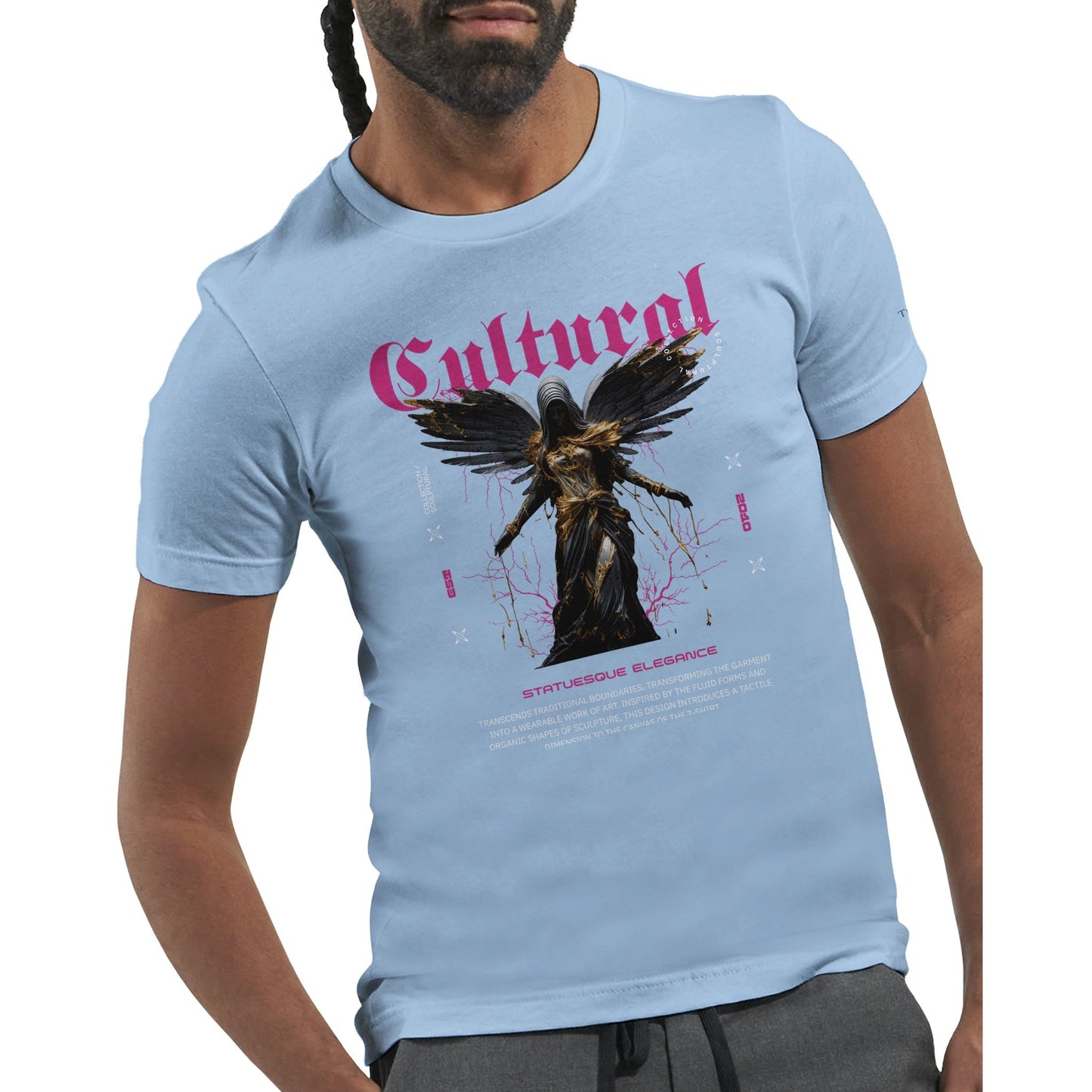premium unisex t-shirt aus 100% airlume-baumwolle mit kulturellem print in hellblau, körperbetonte passform und hochwertiger verarbeitung ideal für dtg-druck.