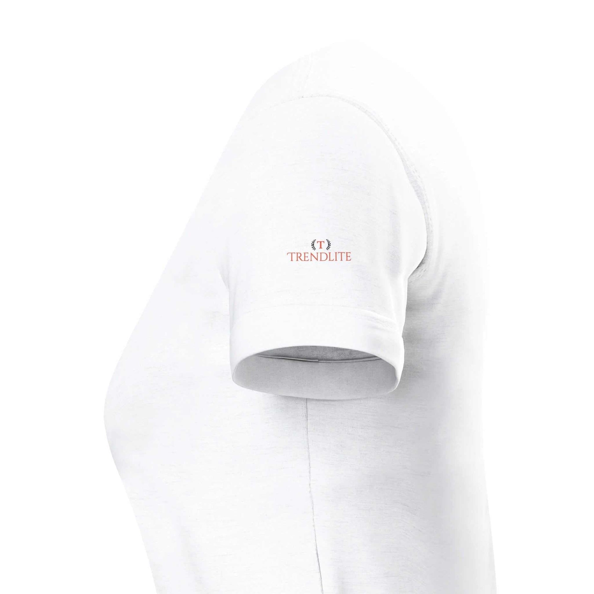 Weißes klassisches T-Shirt aus 100% ringgesponnener Baumwolle, halbtailliert mit Seitennähten und gepolstertem Hals- und Schulterbereich.