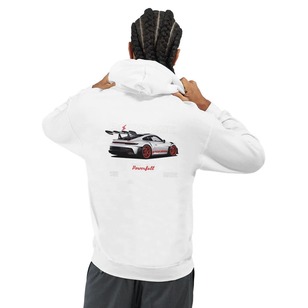 Weißer Porsche Hoodie aus schwerem Baumwoll-Polyester-Mischgewebe mit Auto-Motiv und Kapuze