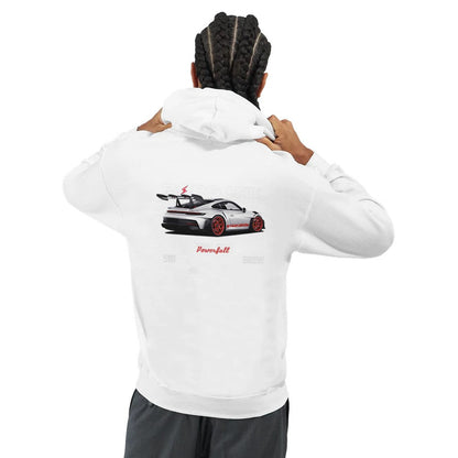 Weißer Porsche Hoodie aus schwerem Baumwoll-Polyester-Mischgewebe mit Auto-Motiv und Kapuze