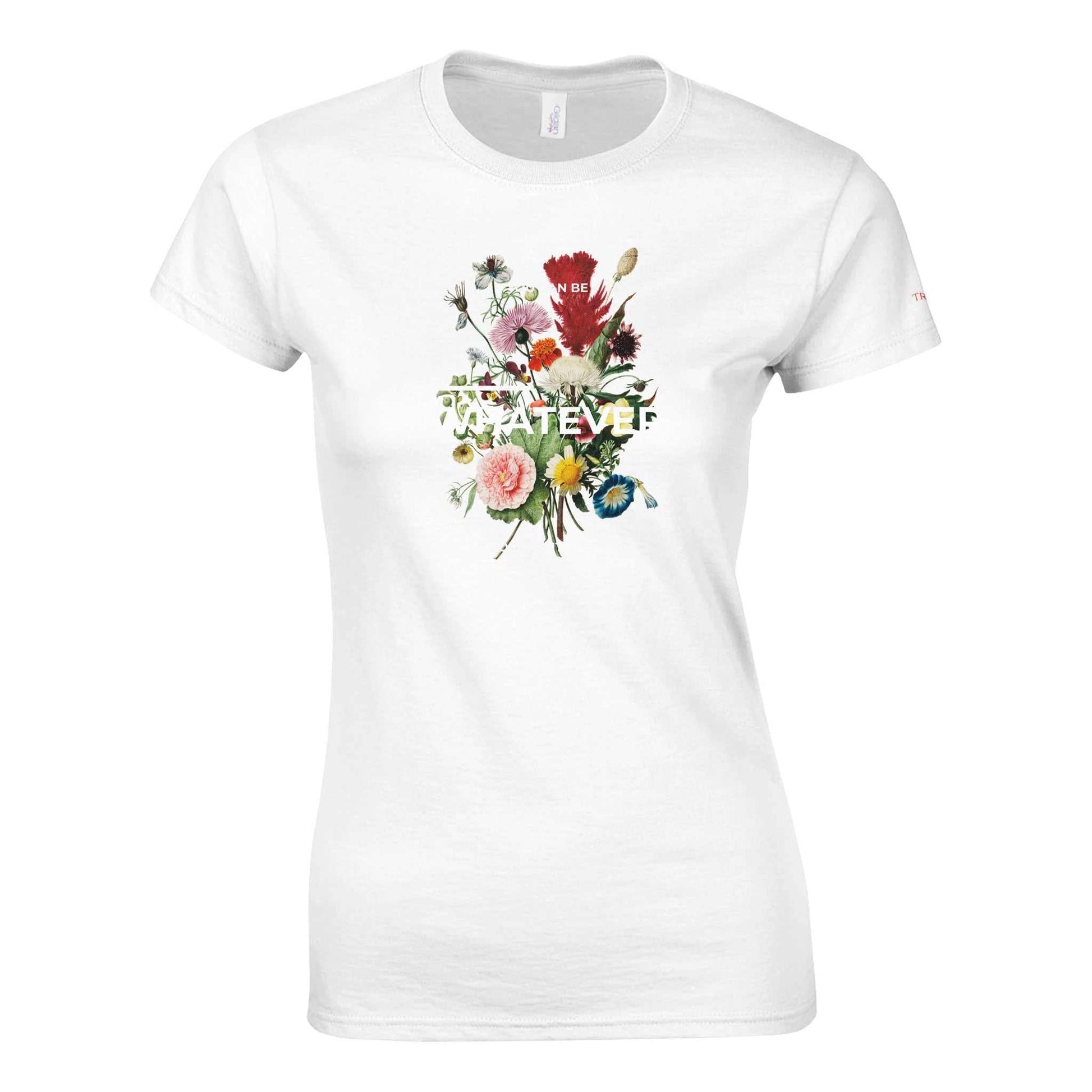 Whatever Womens Crewneck T-shirt white cotton with floral print and fitted design
