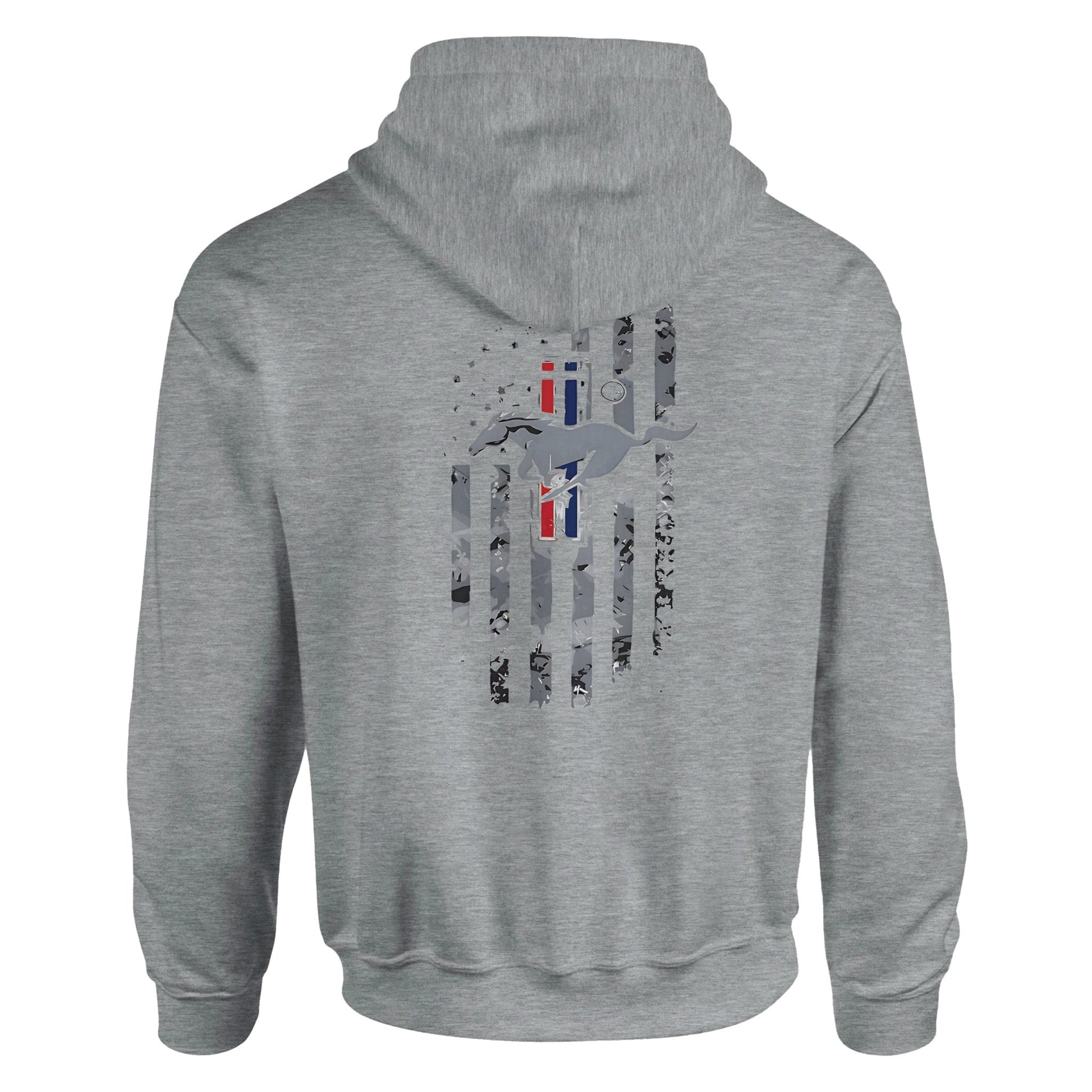 Gray unisex hoodie with stylized automotive-themed graphic and Mustang emblem on the back.