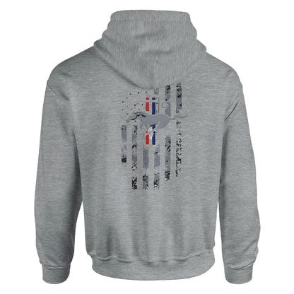 Gray unisex hoodie with stylized automotive-themed graphic and Mustang emblem on the back.
