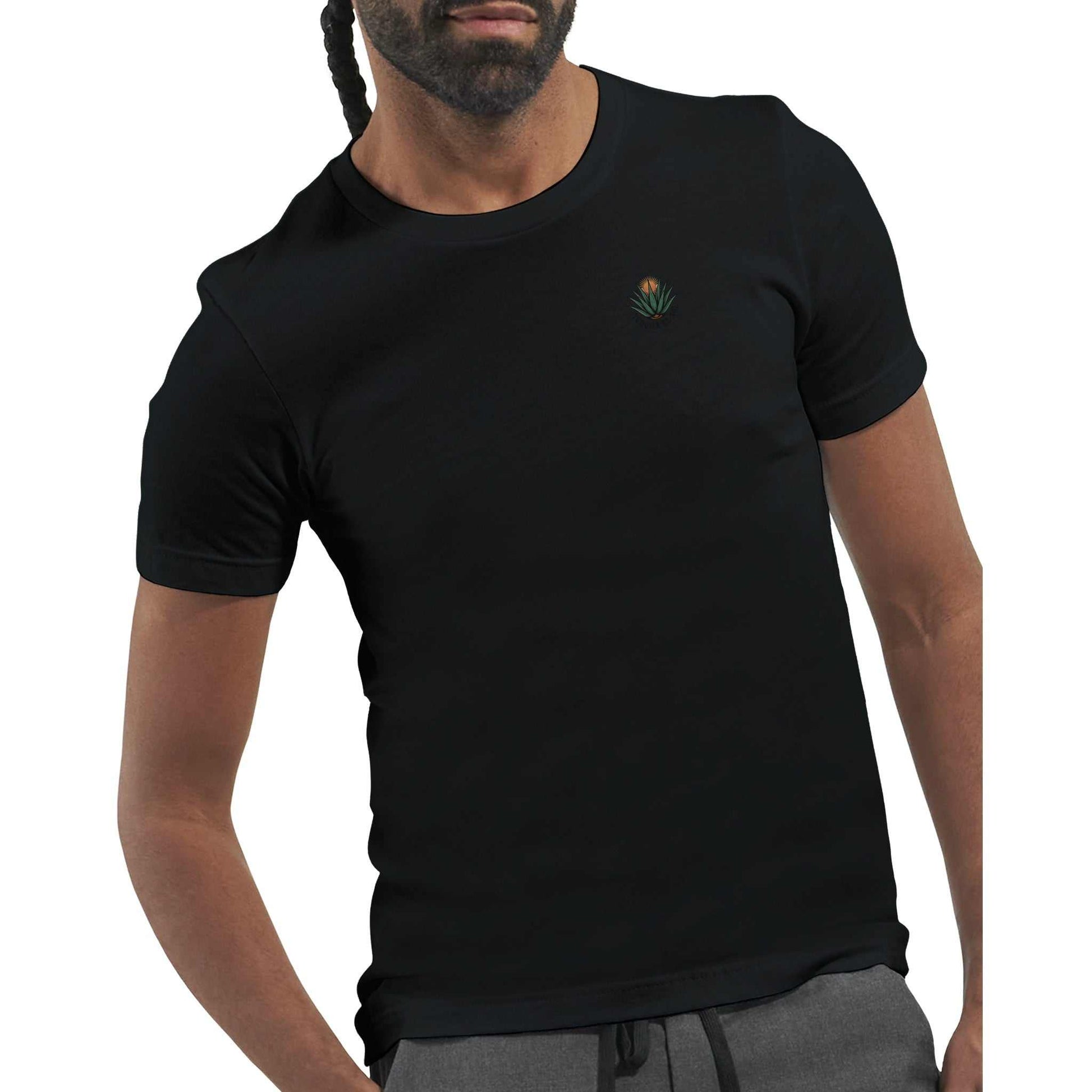 Black Tequila Sommer T-Shirt with small agave logo, soft eco-friendly cotton, unisex fit, worn by male model.