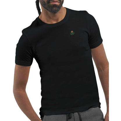 Black Tequila Sommer T-Shirt with small agave logo, soft eco-friendly cotton, unisex fit, worn by male model.