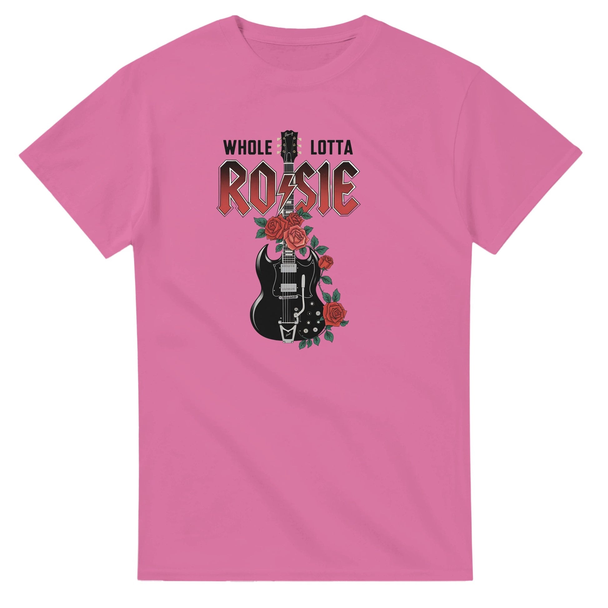 Pink AC DC T-Shirt with "Whole Lotta Rosie" guitar and rose graphic, classic fit, heavyweight cotton