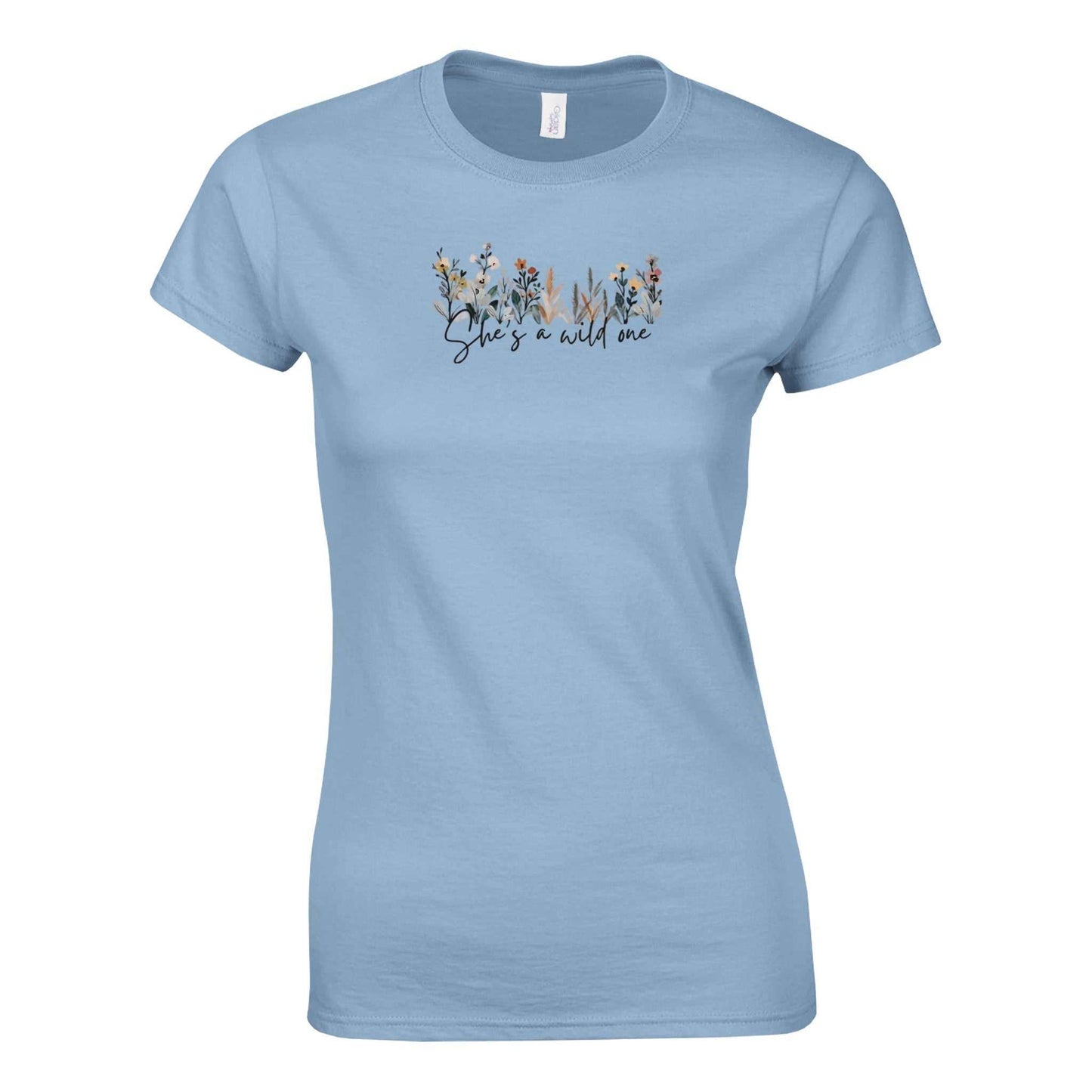 hellblaues damen t-shirt aus 100% baumwolle mit floralem print und femininer passform, stilvoll und bequem.