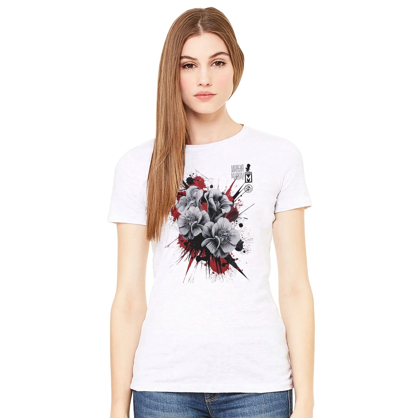 blütenzauber premium t-shirt weiß mit auffälligem blumenmuster und modernem design für damen
