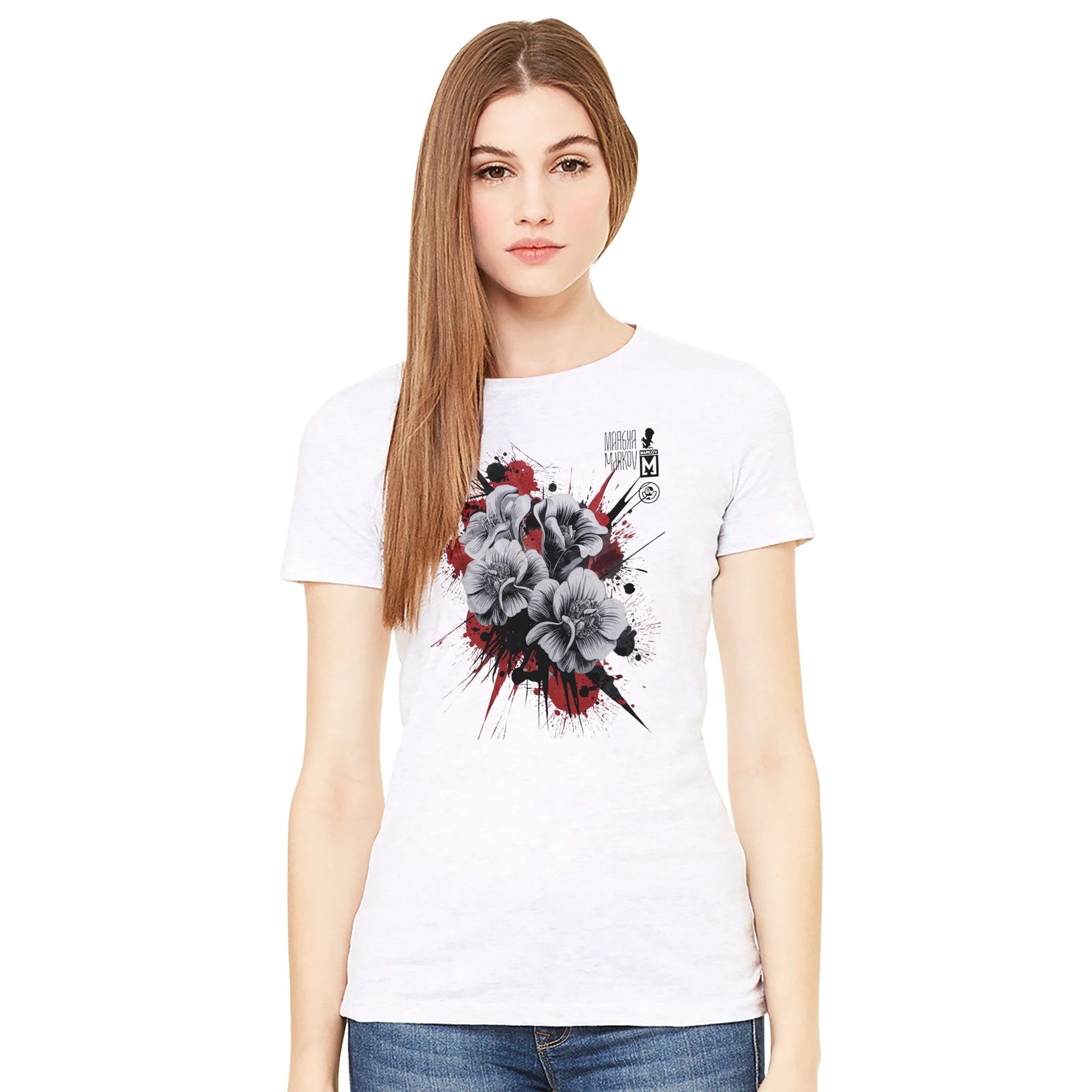 Blütenzauber Premium T-Shirt weiß mit auffälligem Blumenmuster und modernem Design für Damen