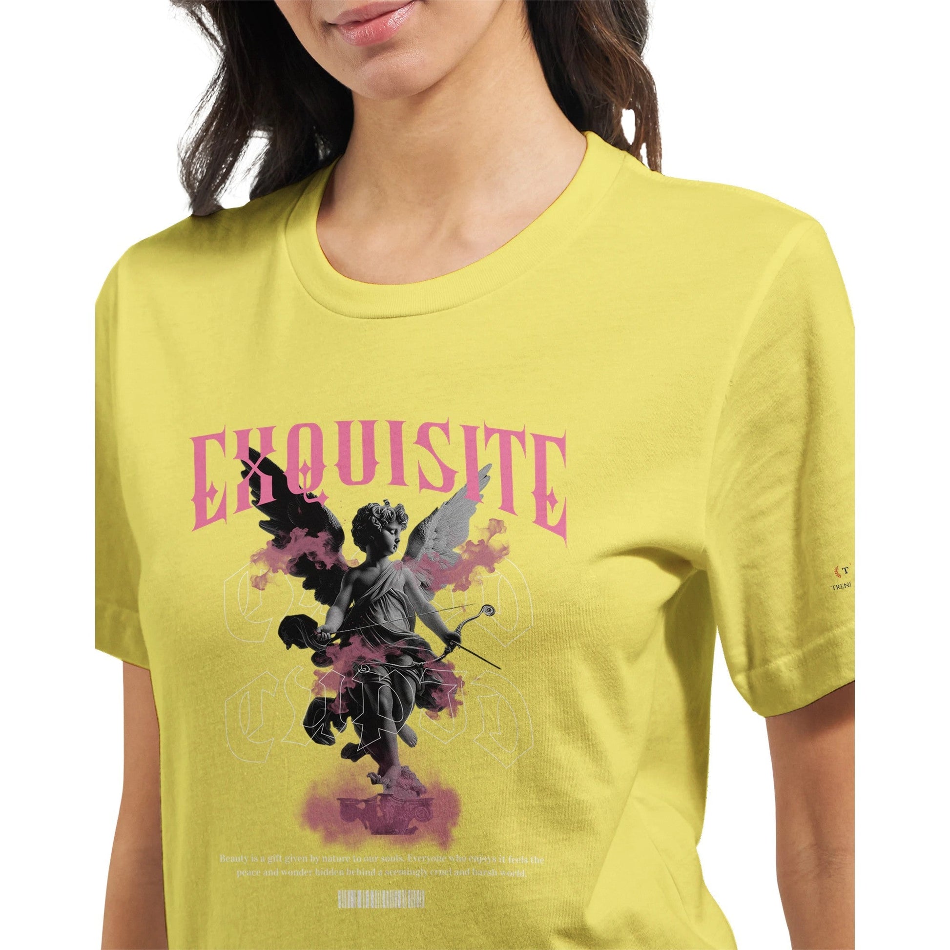 Yellow unisex crewneck t-shirt with pink and black graphic print, made from soft Airlume cotton, ideal for DTG printing
