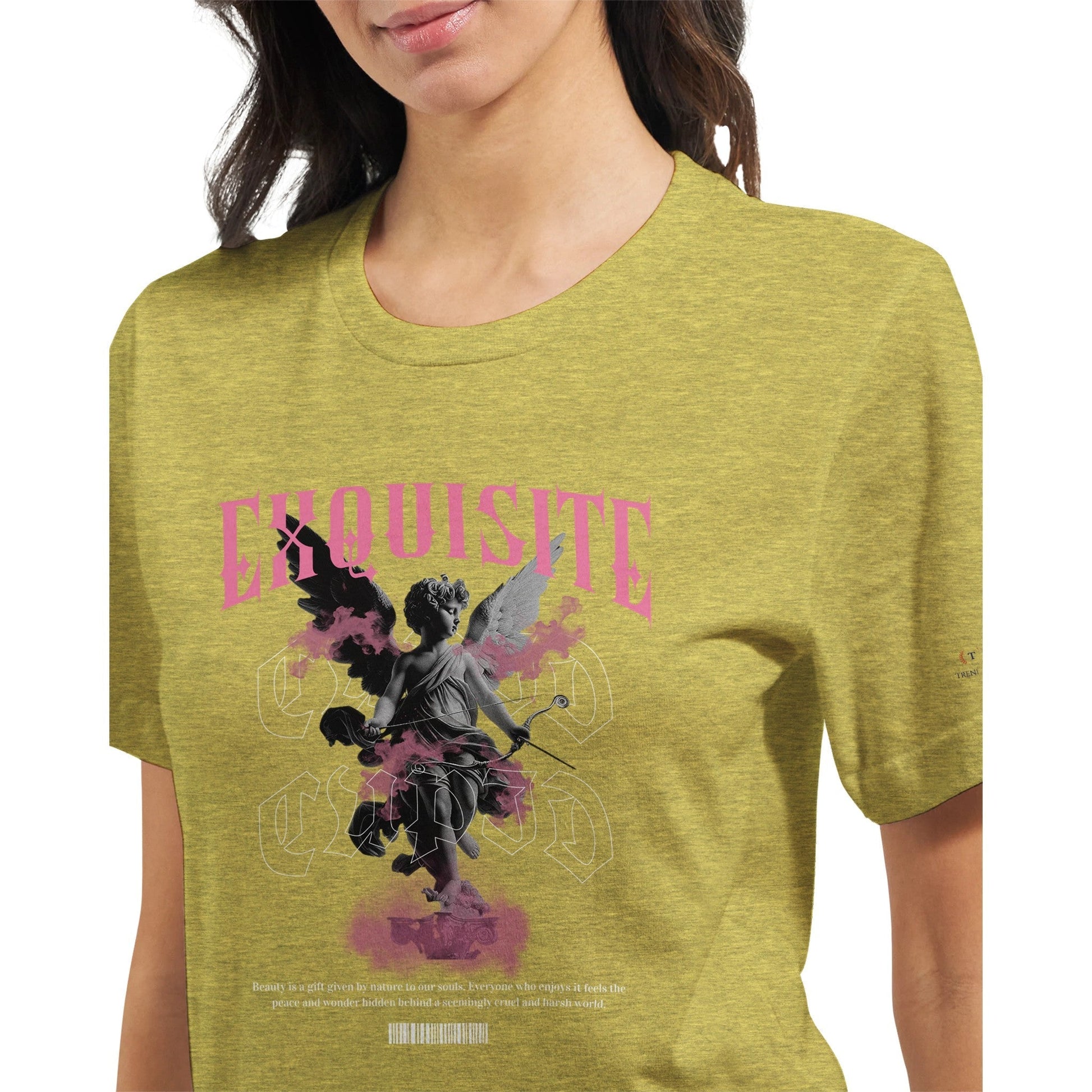 Unisex crewneck t-shirt in yellow with exquisite angel graphic, soft 100% Airlume cotton, ideal for vibrant DTG printing.