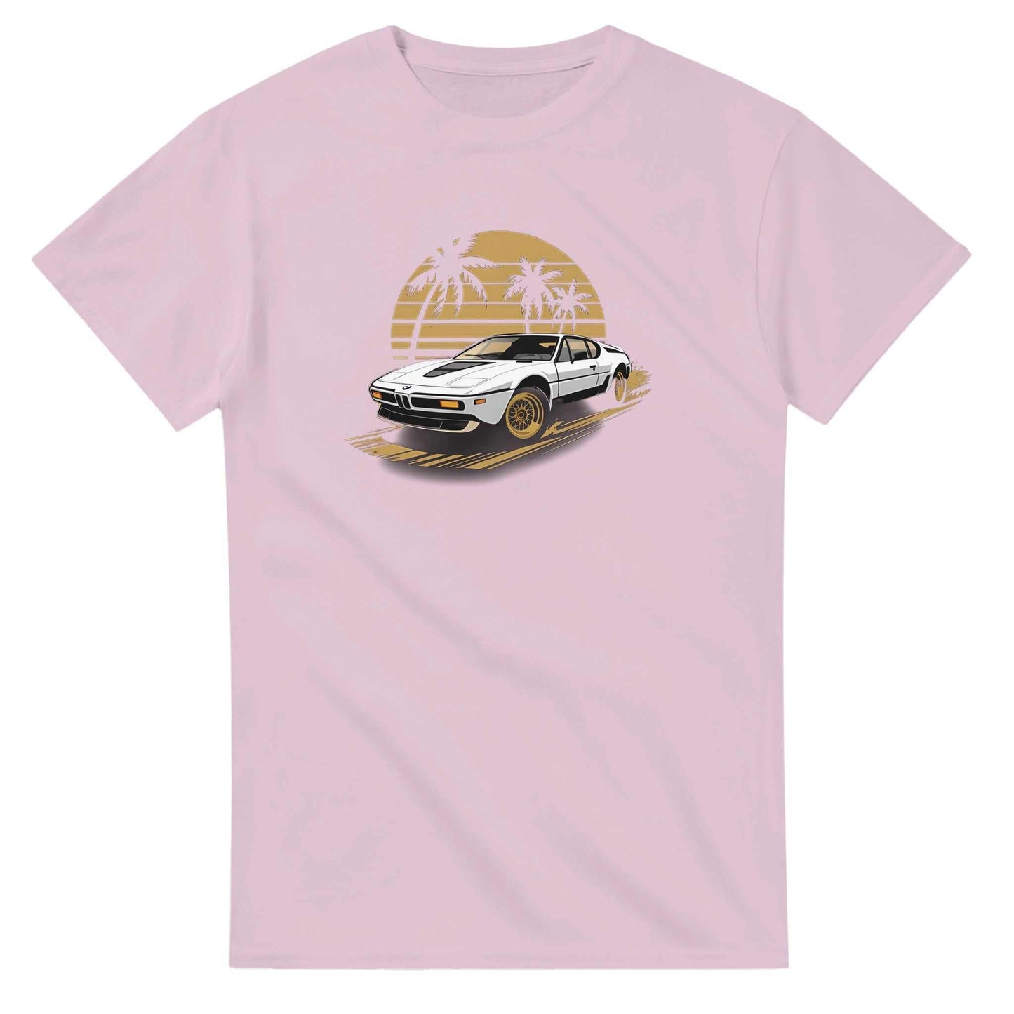 premium unisex summer car t-shirt with vintage car and palm tree design on pink heavyweight cotton fabric