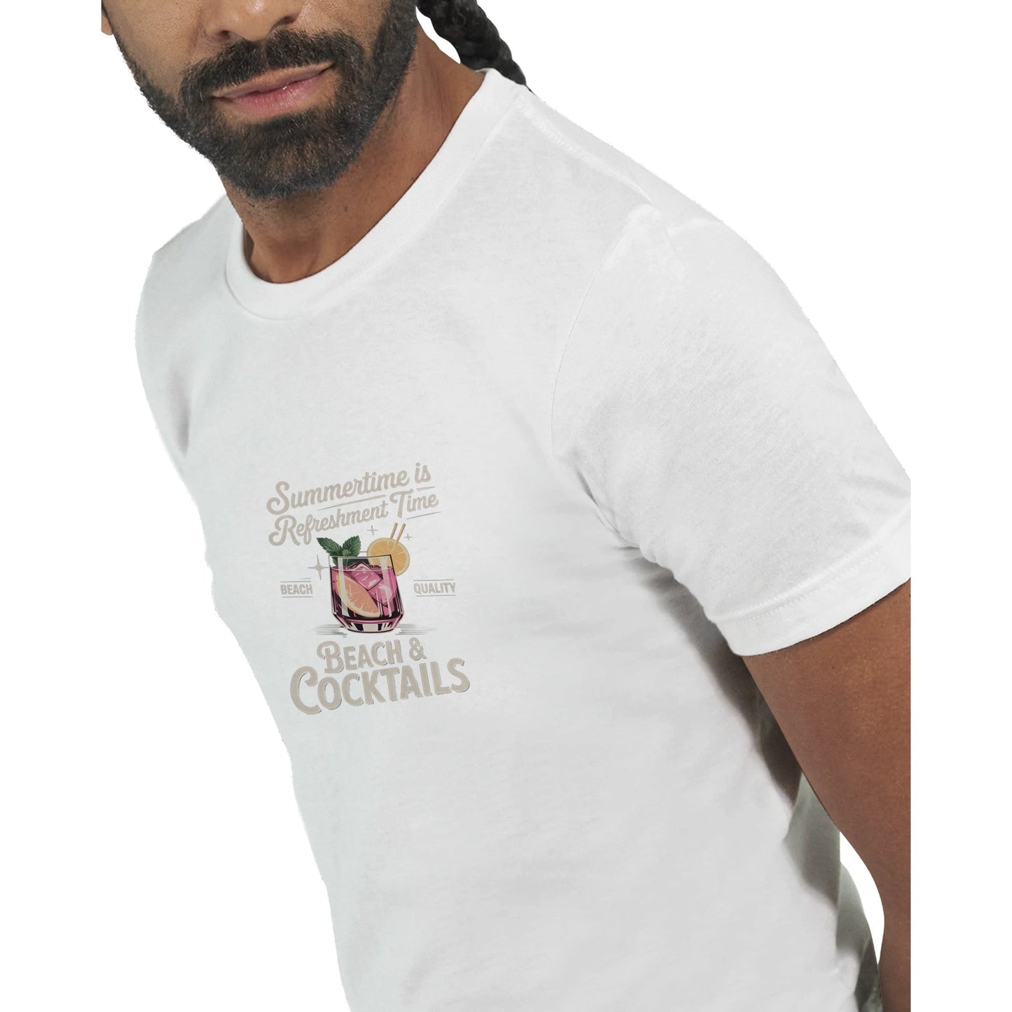 weißes premium sommer cocktail t-shirt mit umweltfreundlichem material und sommerlichem cocktail-design, unisex passform und weicher baumwolle.