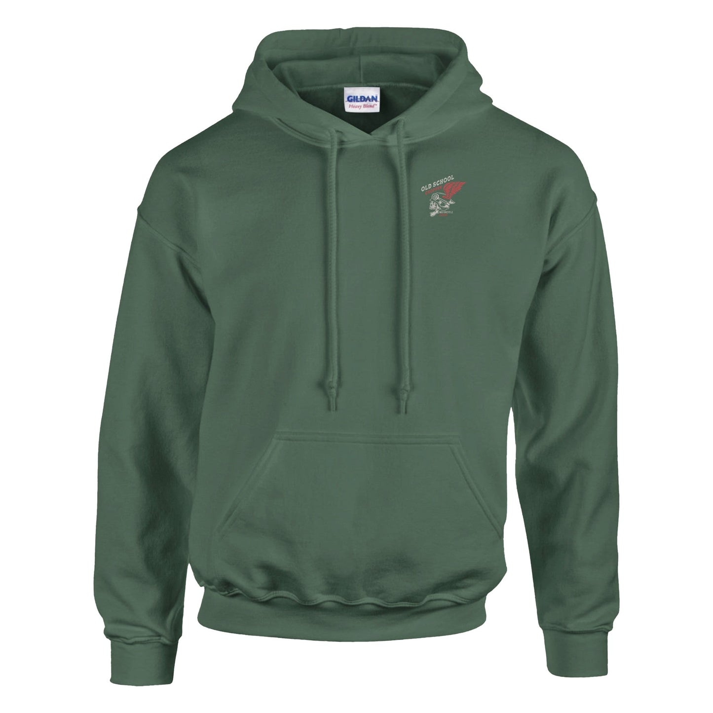 men's green rocker biker hoodie with double-lined hood, soft cotton-polyester blend, front pocket, and ribbed cuffs and hem.
