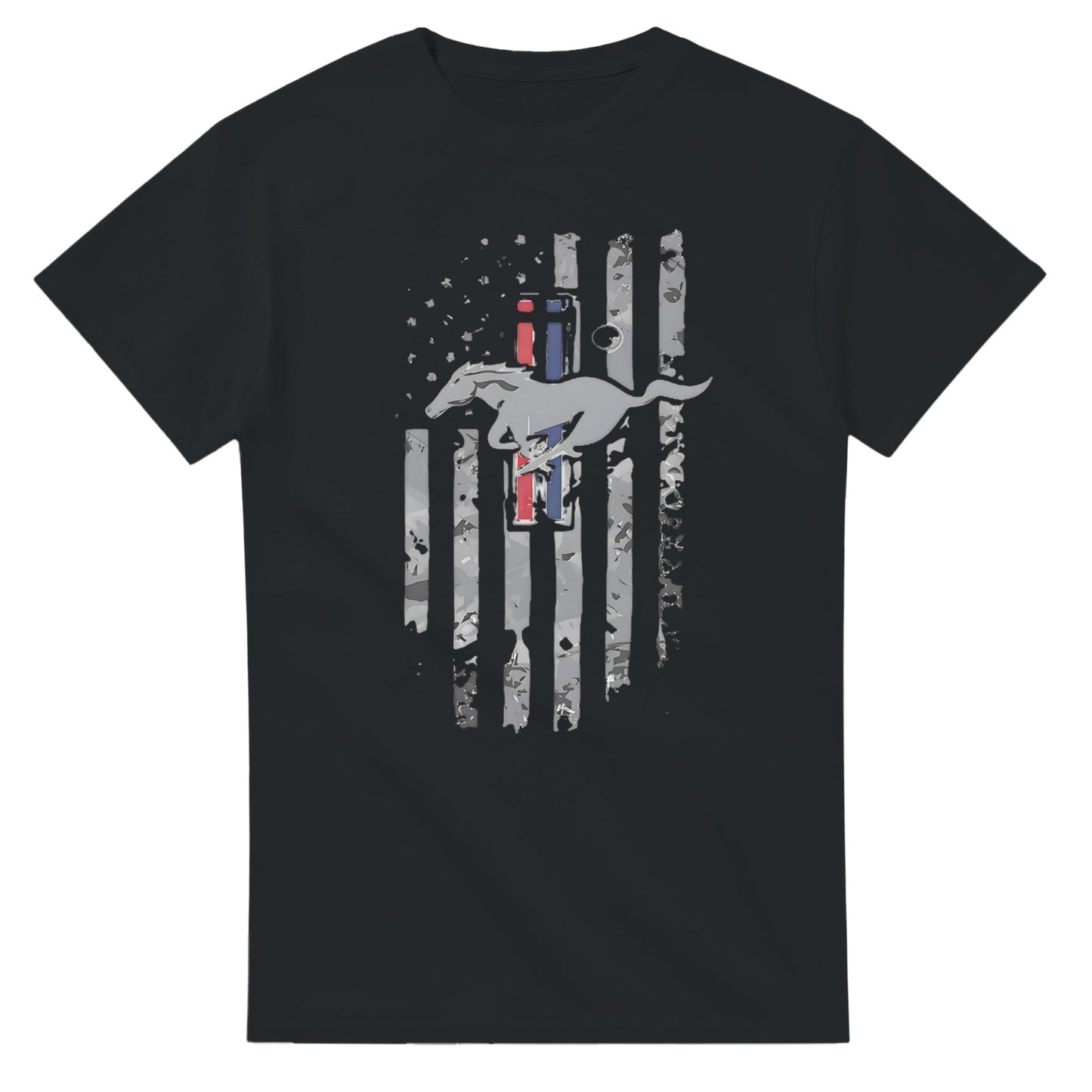 schwarzes horse american t-shirt mit amerikanischer flagge und pferdemotiv, unisex, aus 100% baumwolle, klassischer schnitt, langlebig und komfortabel.