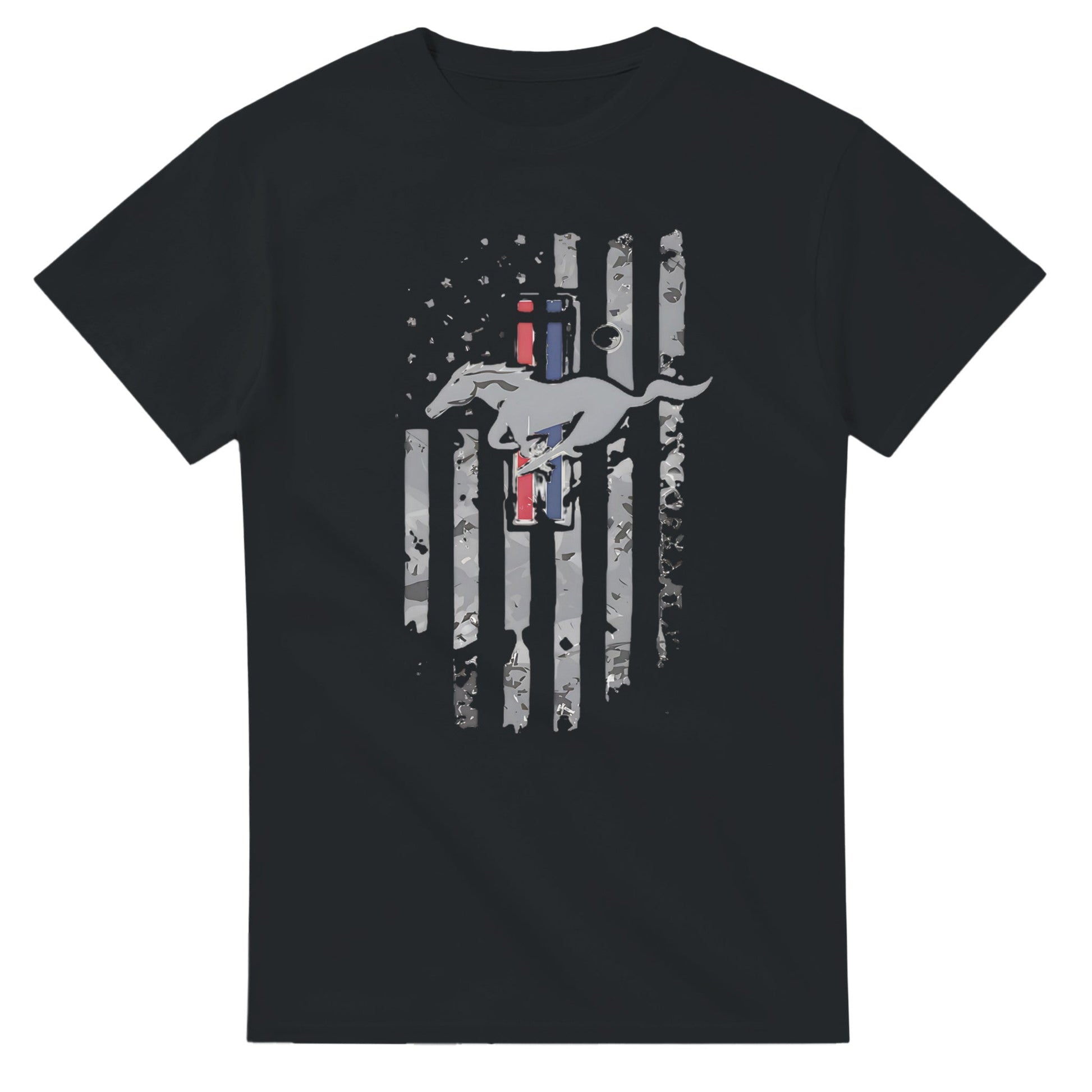 Black Horse American T-Shirt unisex with distressed American flag and horse graphic design