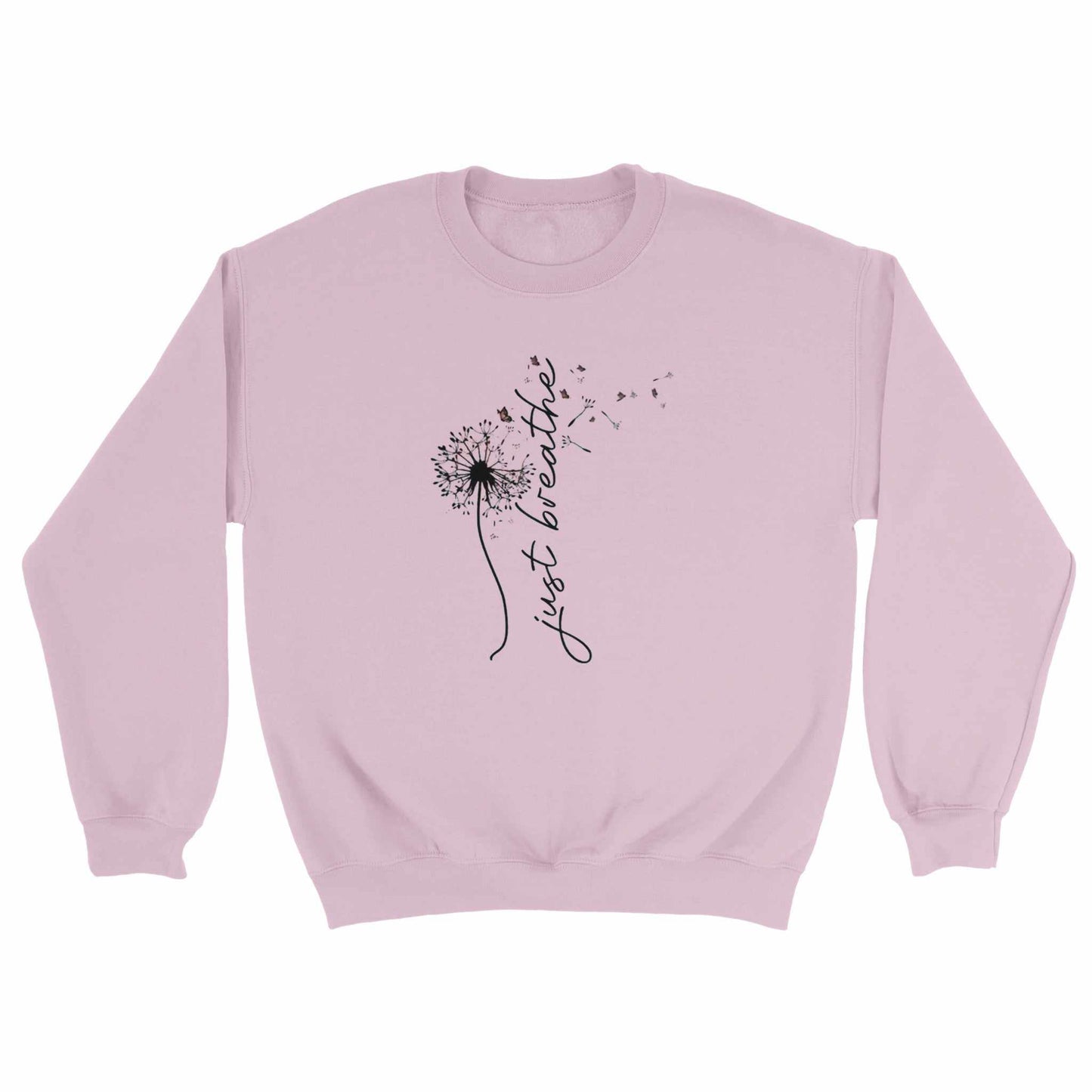 rosa sweatshirt entspannungs pullover mit "just breathe" schriftzug und pusteblumen-design aus weicher baumwollpolyester-mischung