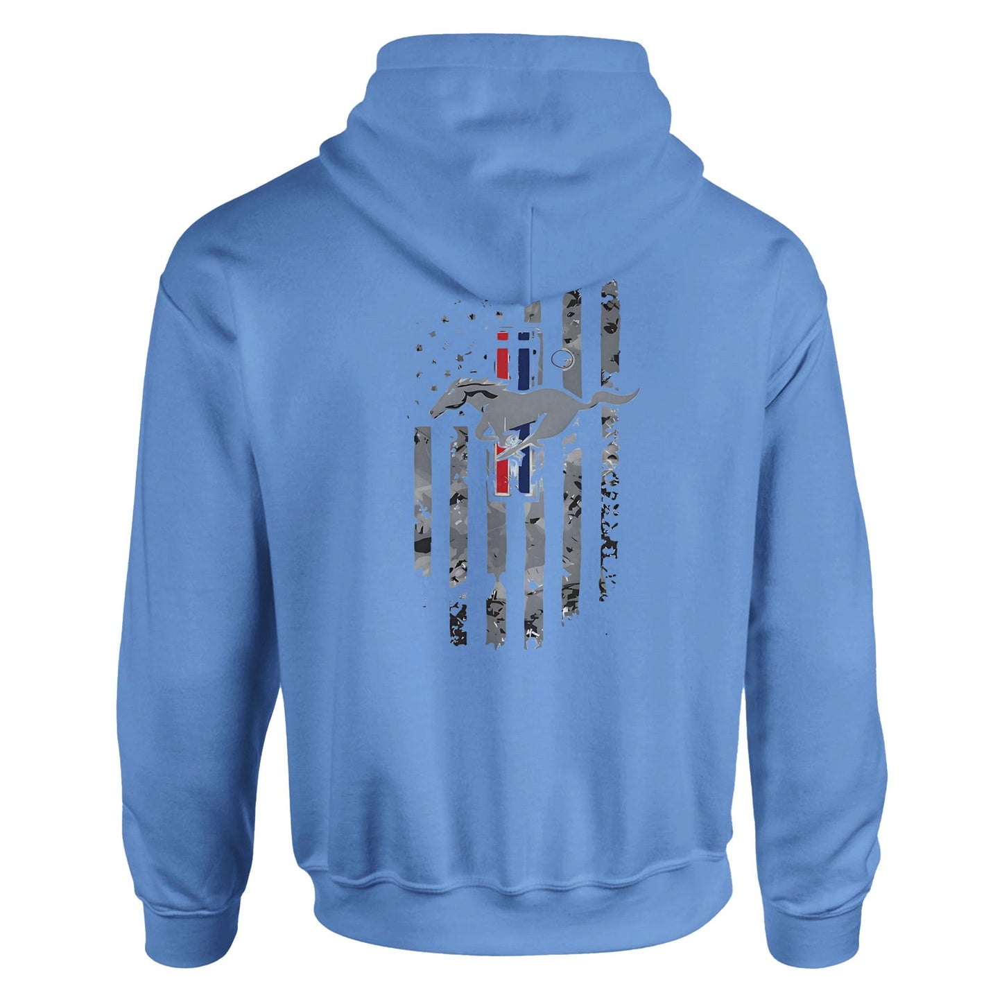 blue unisex hoodie with automotive themed graphic on the back, stylish and comfortable design for car lovers.