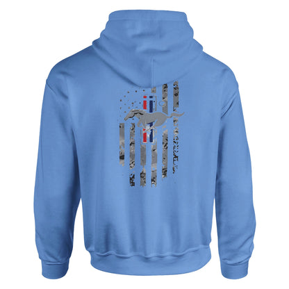 Blue unisex hoodie with automotive themed graphic on the back, stylish and comfortable design for car lovers.