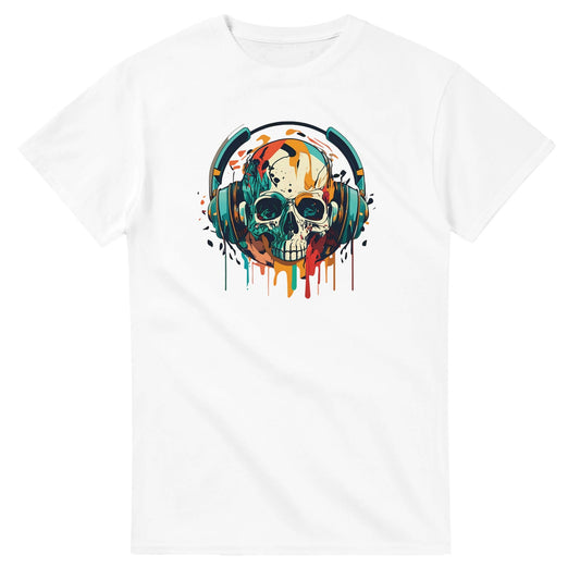 Weißes Party Sommer Musik T-Shirt mit farbigem Totenkopf und Kopfhörern, 100% Baumwolle, klassische Passform