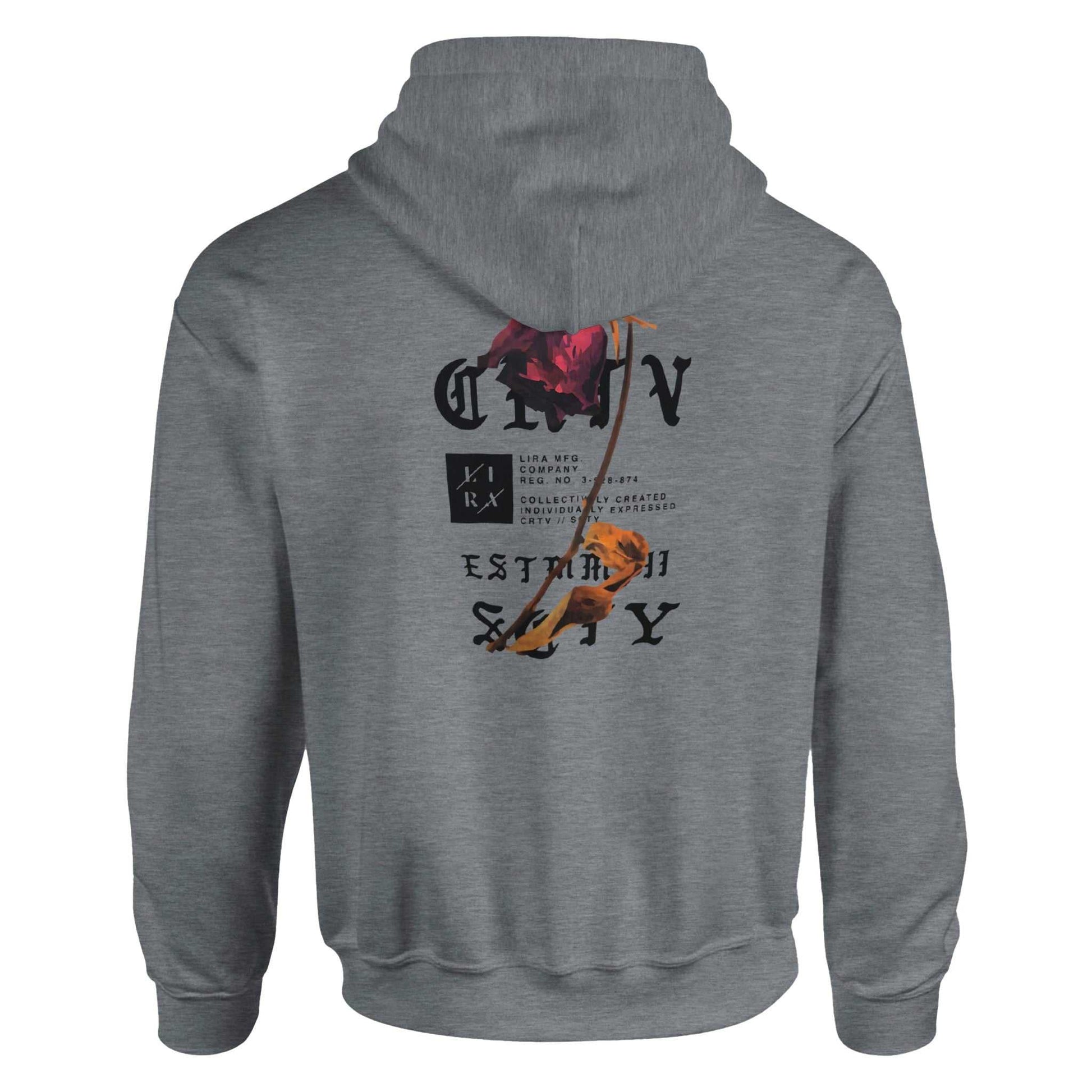 Gray Lira Streetwear Hoodie with graphic print on back, double-lined hood, front pouch pocket, and ribbed cuffs and waistband
