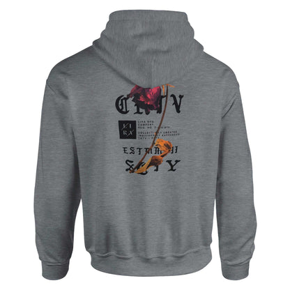 Gray Lira Streetwear Hoodie with graphic print on back, double-lined hood, front pouch pocket, and ribbed cuffs and waistband