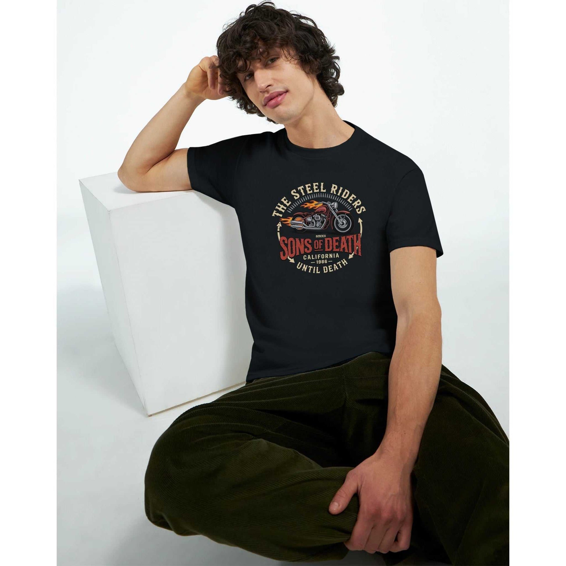 Schwarzes Biker T-Shirt aus schwerer Baumwolle mit Motorrad-Print, klassische Passform, langlebig und komfortabel für Motorrad-Enthusiasten