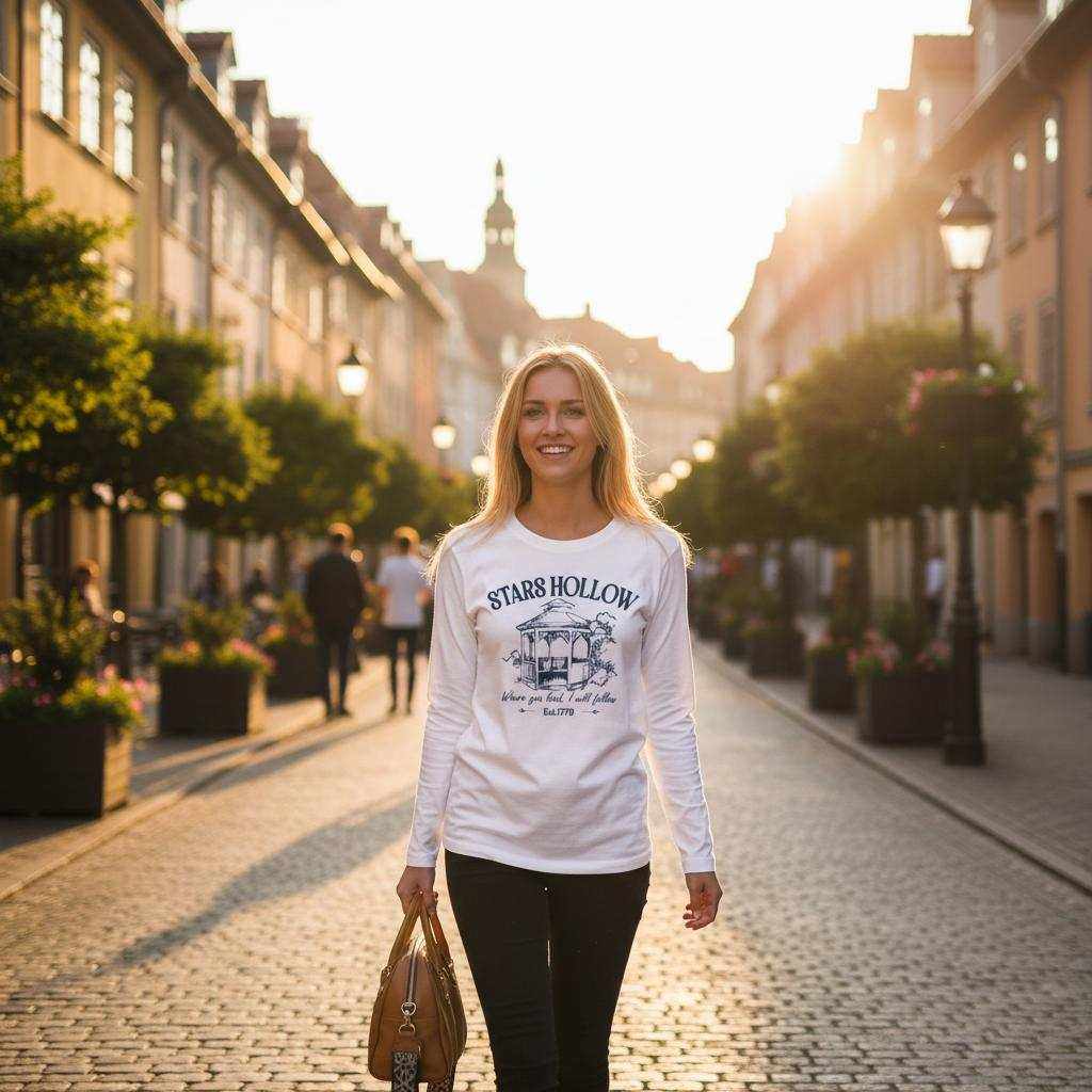 frau trägt gemütliches gilmore girl langarmshirt stars hollow in der stadt bei sonnenuntergang
