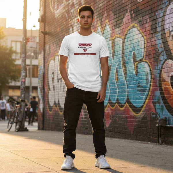 Mann trägt weißes Fan T-Shirt Baumwolle mit Komfort und Stil vor bunter Graffiti-Wand