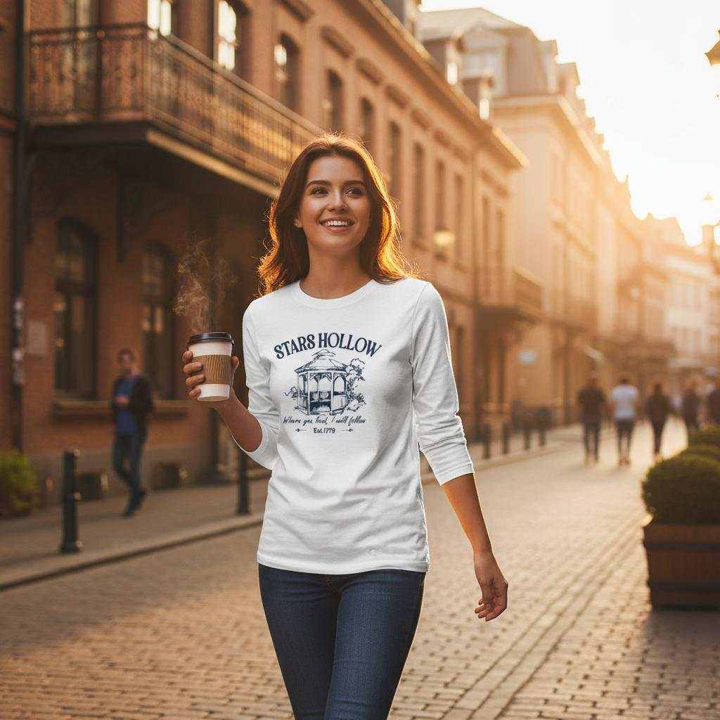 Frau trägt gemütliches Gilmore Girl Shirt mit Star's Hollow Print und hält Kaffee in urbaner Straße