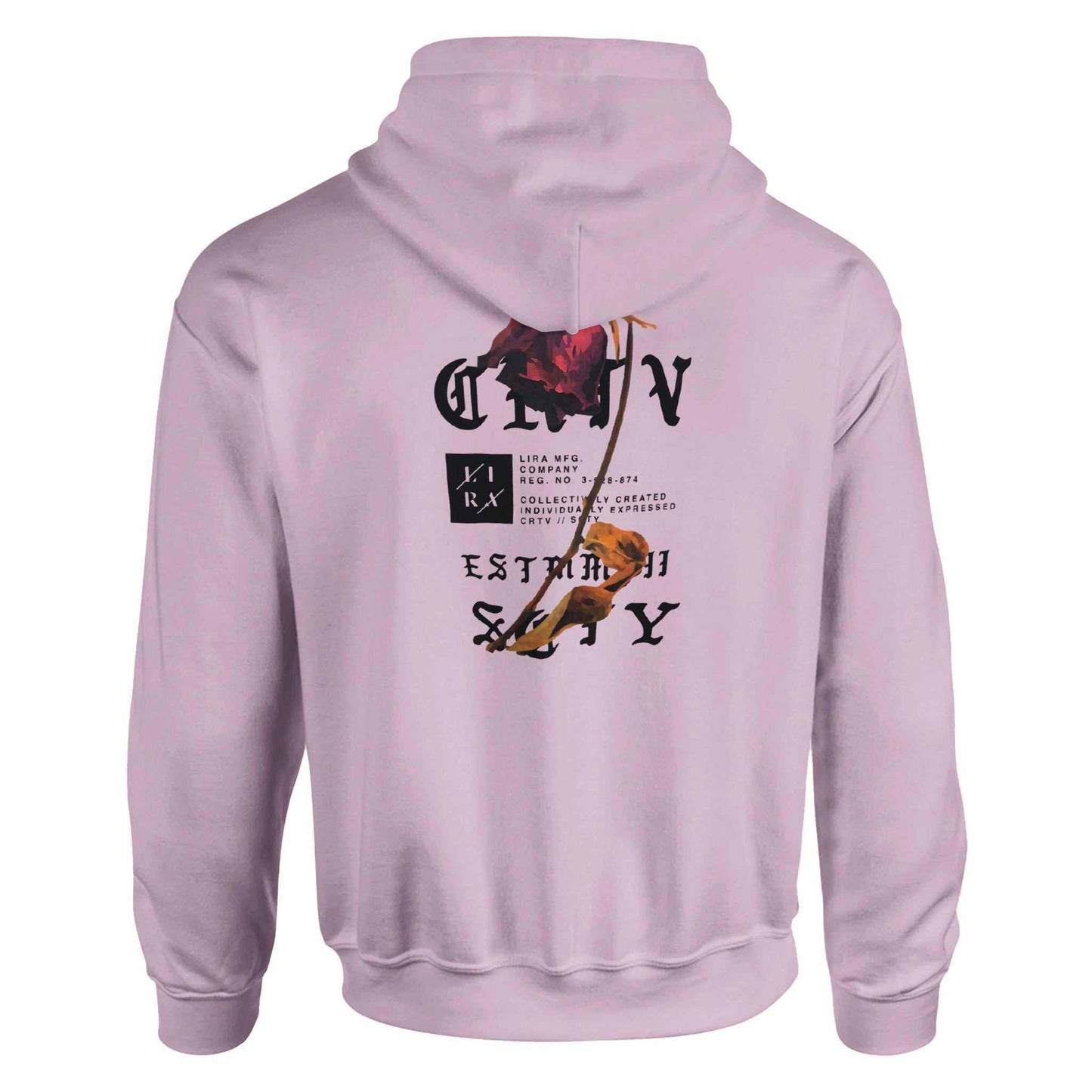 lira bequemer hoodie in light pink with urban graphic design on the back, comfortable for casual wear