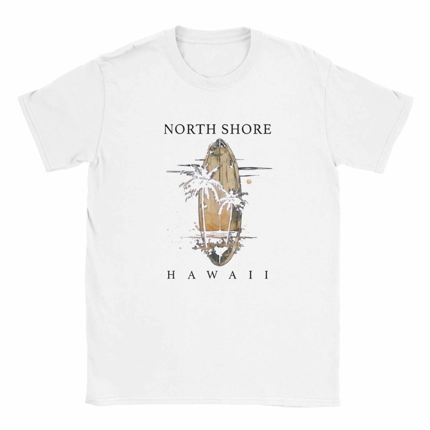 hawaii strand unisex shirt with north shore hawaii surfboard and palm tree design on white background