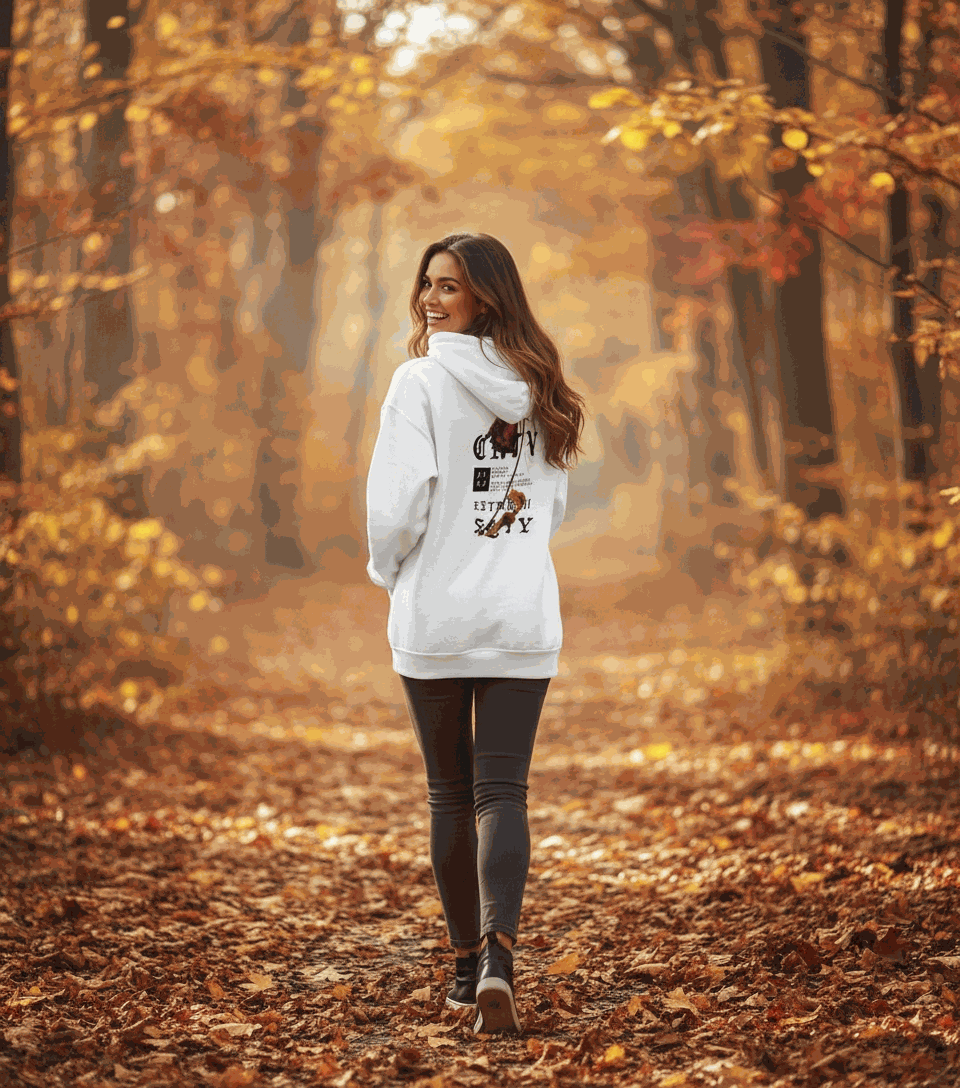 frau trägt weißen lira bequemer hoodie im herbstlichen wald, urbaner stil und komfort