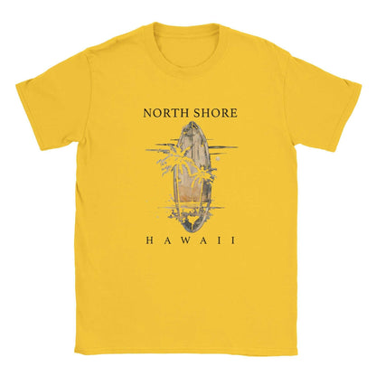 Hawaii Strand Unisex Shirt in yellow with North Shore Hawaii surfboard and palm tree design for summer comfort and style