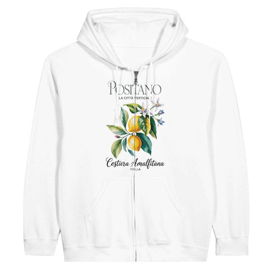 Weißer Amalfi Zip Hoodie für Damen mit Zitronen- und Positano-Design aus nachhaltigen Materialien