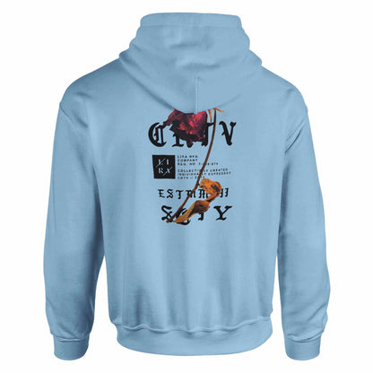 Lira Bequemer Hoodie in light blue with urban graphic design on back, comfortable for casual wear