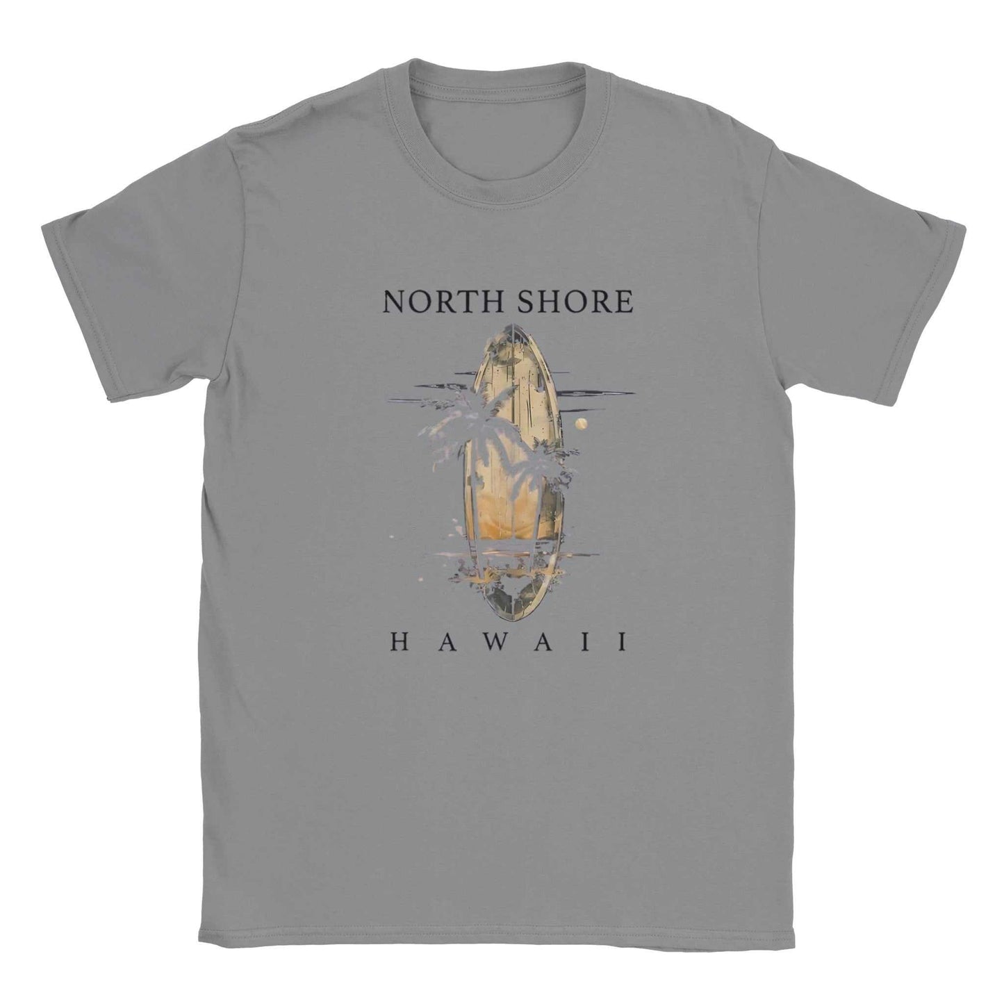 hawaii strand unisex shirt grey with north shore hawaii surfboard and palm tree design for summer comfort and style