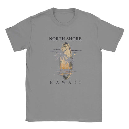 Hawaii Strand Unisex Shirt grey with North Shore Hawaii surfboard and palm tree design for summer comfort and style