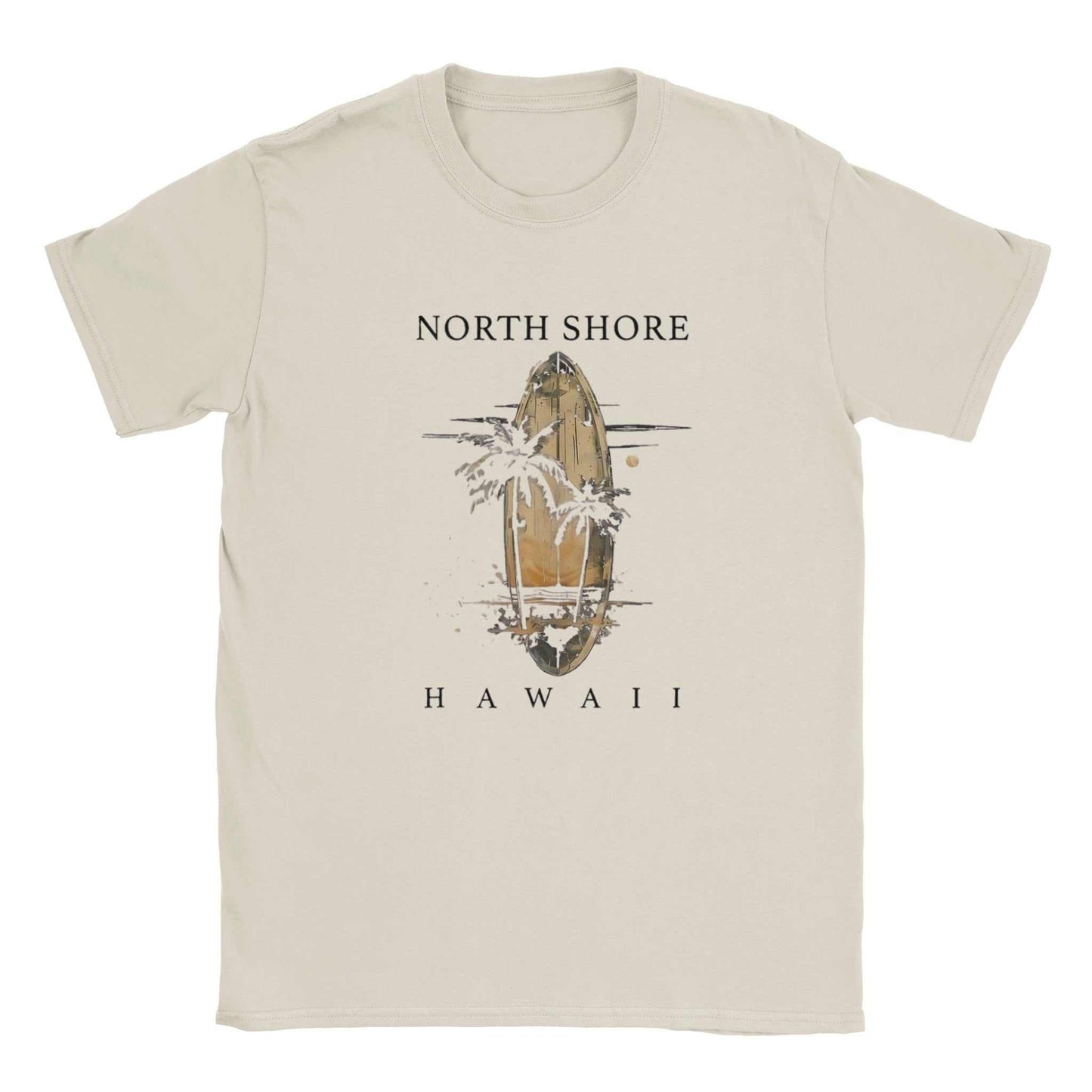 hawaii strand unisex shirt beige with north shore hawaii surfboard and palm tree design, lightweight summer tee
