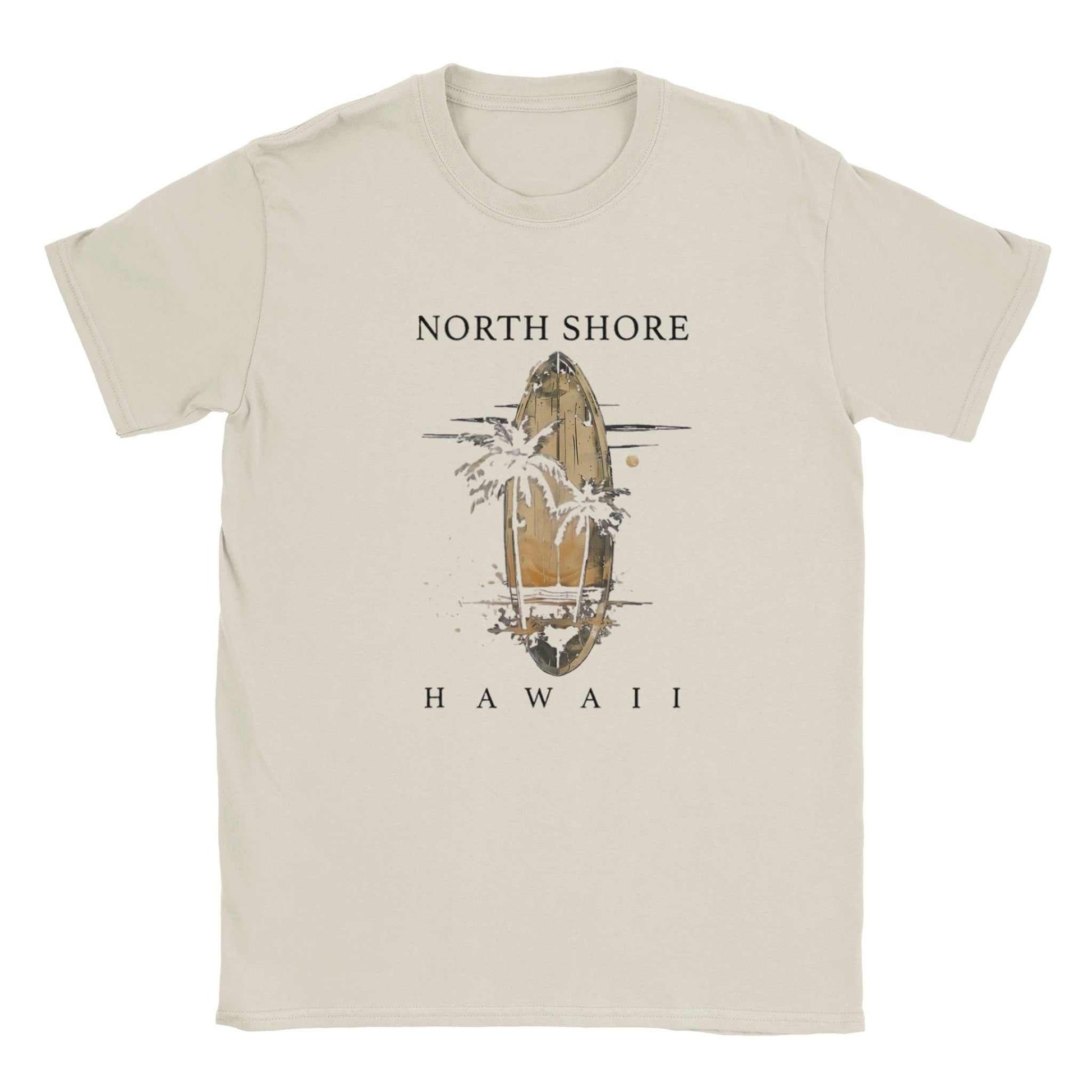 Hawaii Strand Unisex Shirt beige with North Shore Hawaii surfboard and palm tree design, lightweight summer tee