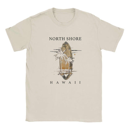 Hawaii Strand Unisex Shirt beige with North Shore Hawaii surfboard and palm tree design, lightweight summer tee