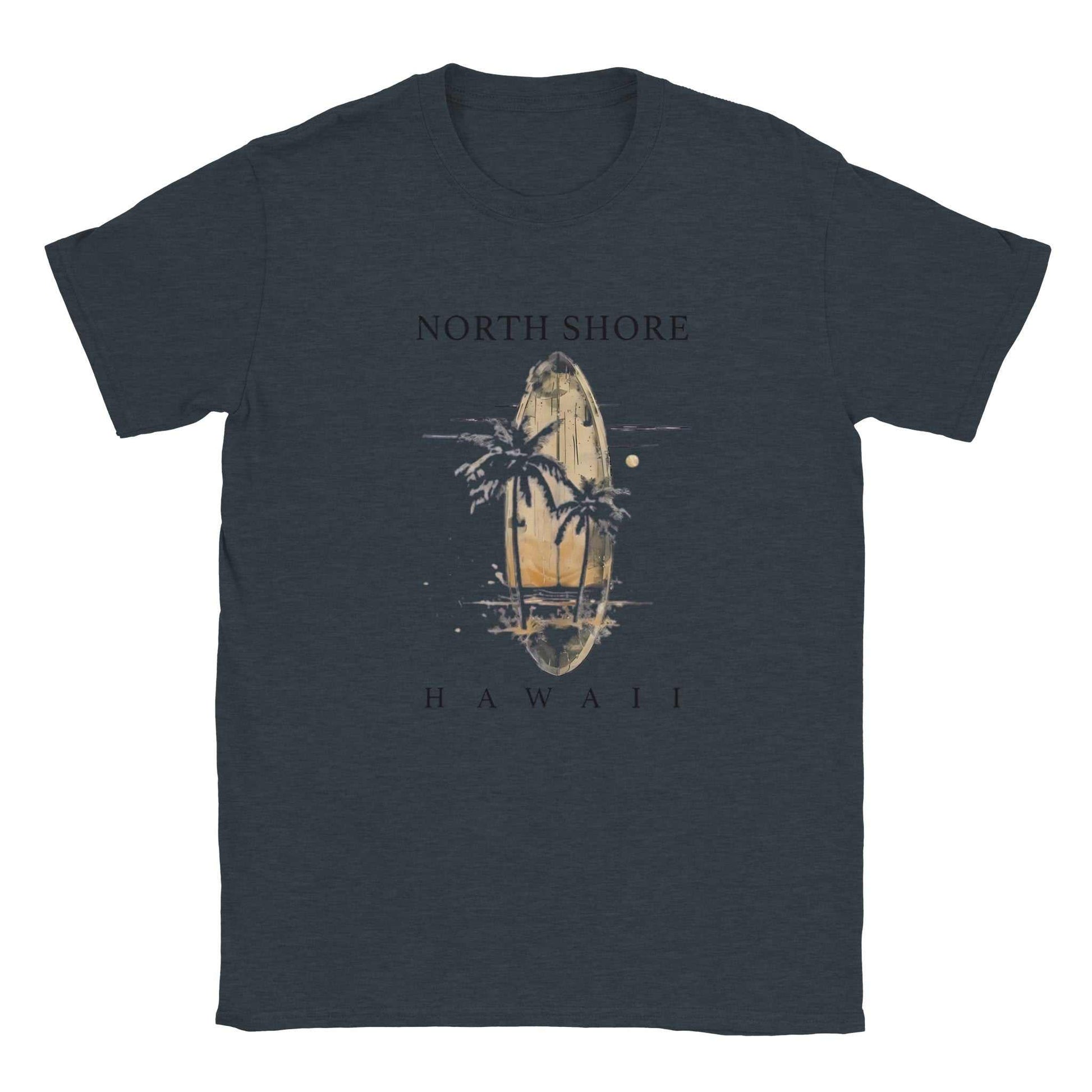 Hawaii Strand Unisex Shirt in dark color with vintage surfboard and palm tree design for summer comfort and style