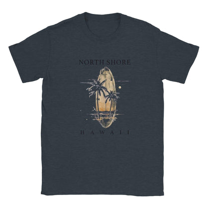 Hawaii Strand Unisex Shirt in dark color with vintage surfboard and palm tree design for summer comfort and style