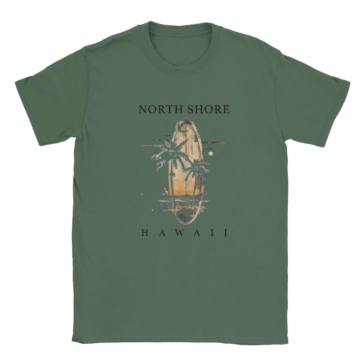 hawaii strand unisex shirt grünes t-shirt mit surfbrett und palmen-motiv für heißen sommerkomfort
