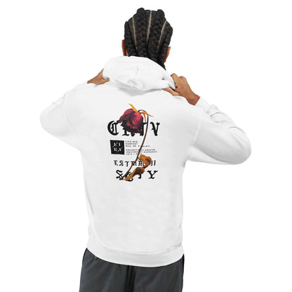Mann trägt weißen Lira Bequemer Hoodie mit urbanem Stil und Komfort, Rückansicht