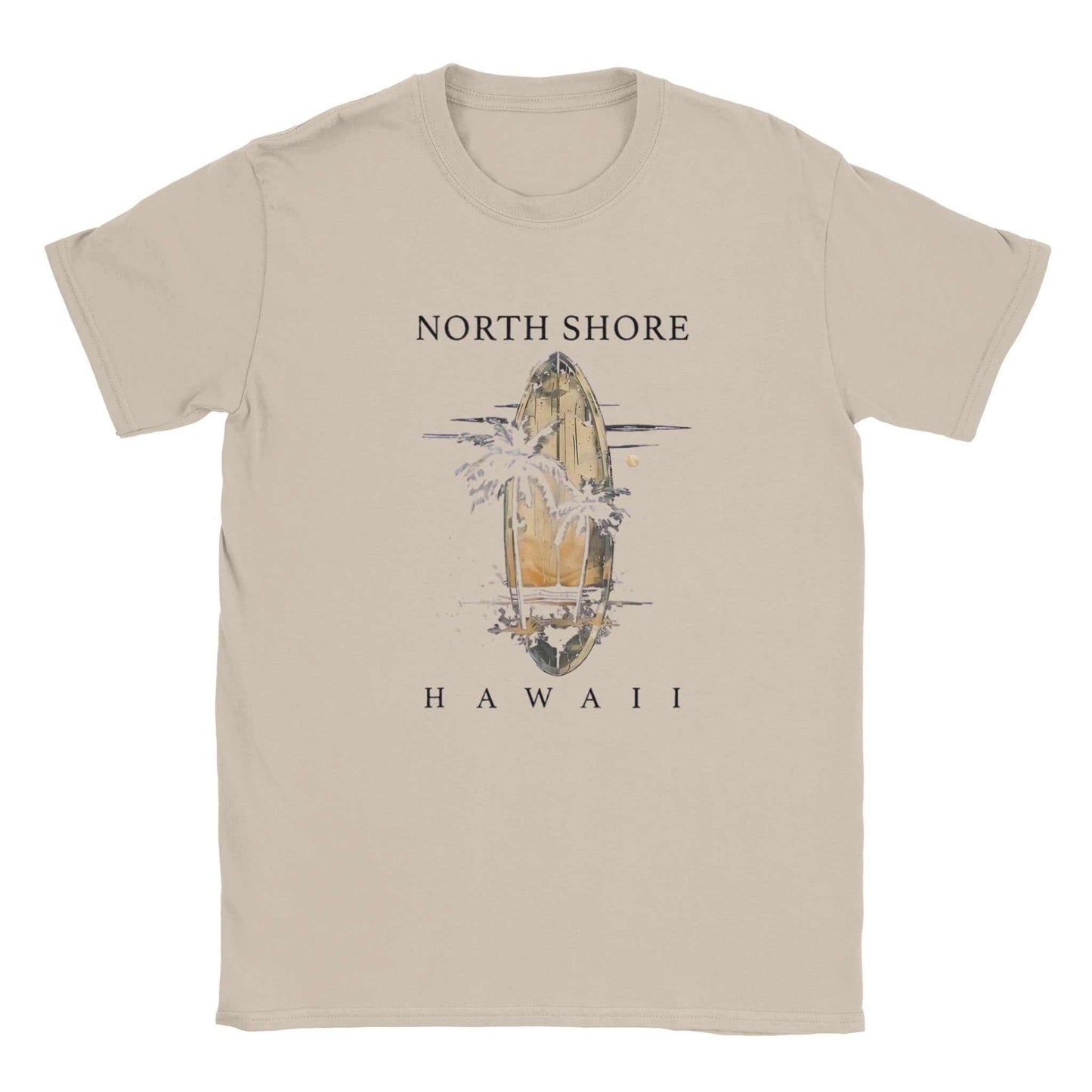 hawaii strand unisex shirt beige mit north shore hawaii surfbrett und palmenmotiv