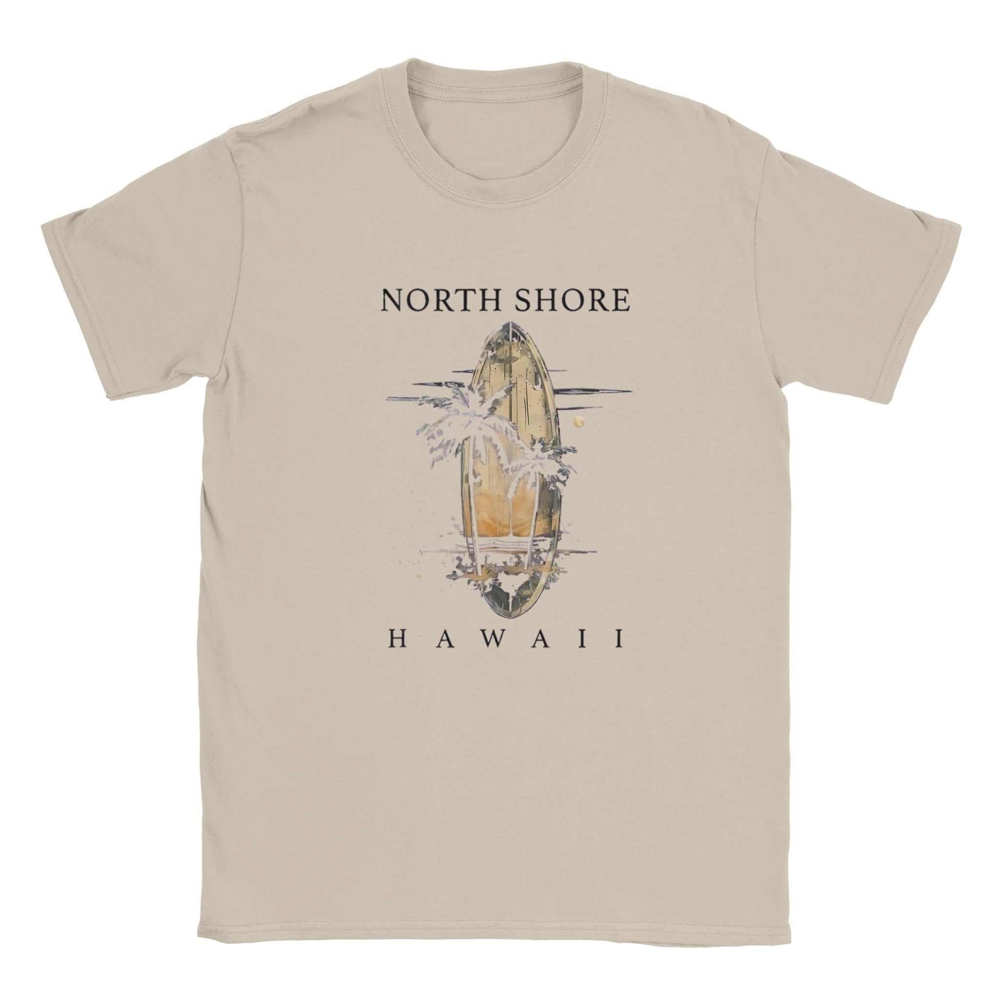 Hawaii Strand Unisex Shirt beige mit North Shore Hawaii Surfbrett und Palmenmotiv
