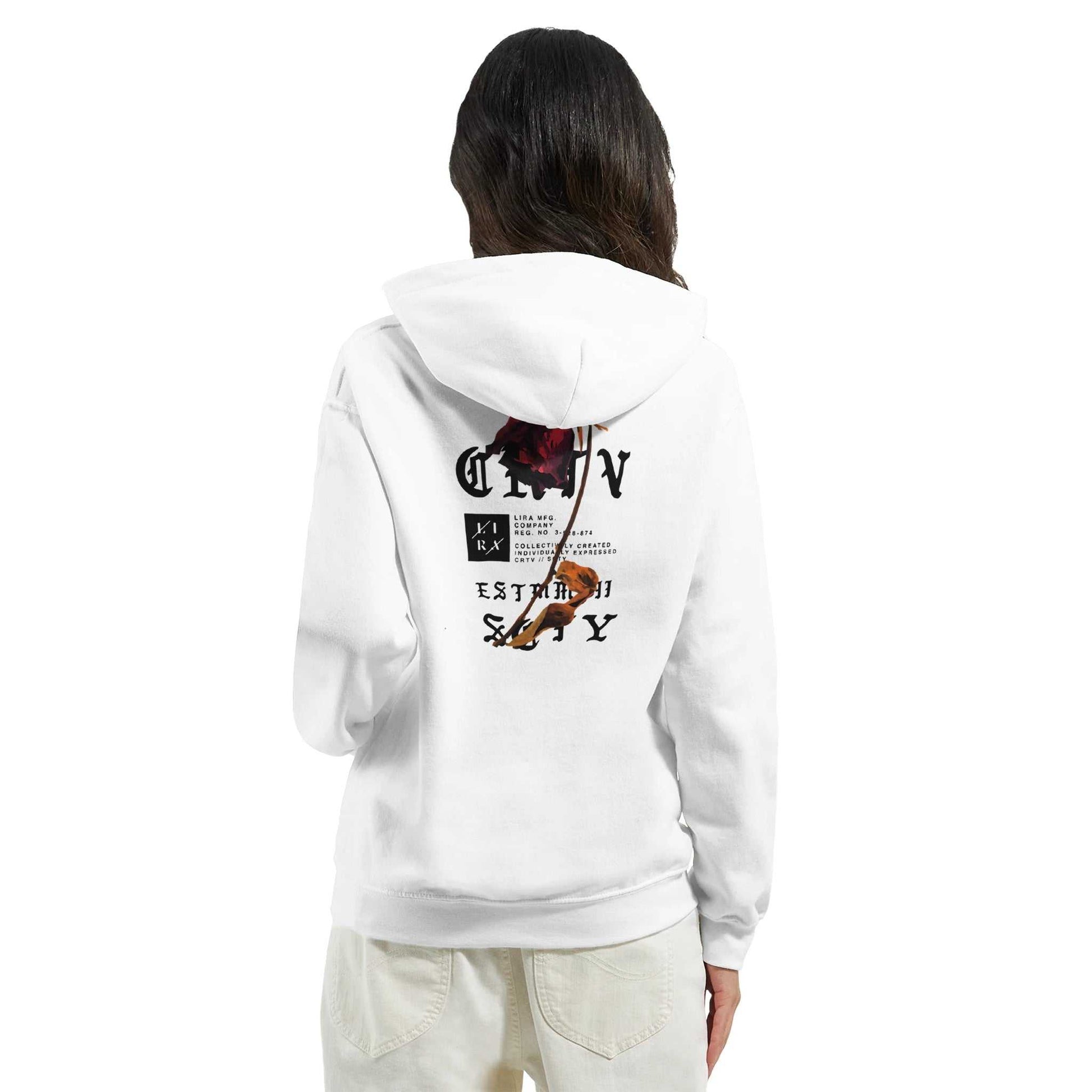 Weißer Lira Bequemer Hoodie mit urbanem Design und Komfort, Rückansicht getragen
